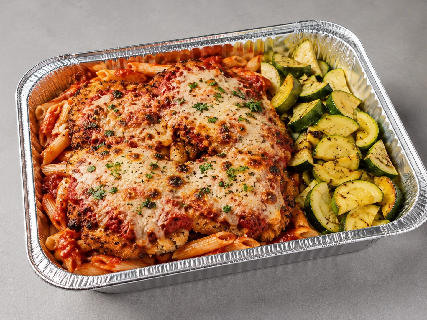 Chicken Parmesan Pasta Family Bundle in an aluminum tray with breaded chicken, marinara, mozzarella, pasta and zucchini