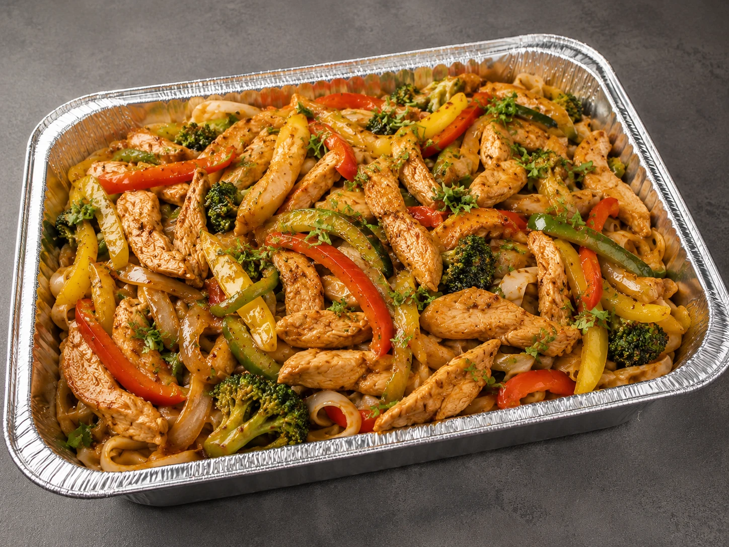 Chicken Stir Fry Family Bundle with chicken, peppers, broccoli, onions and rice noodles in an aluminum tray