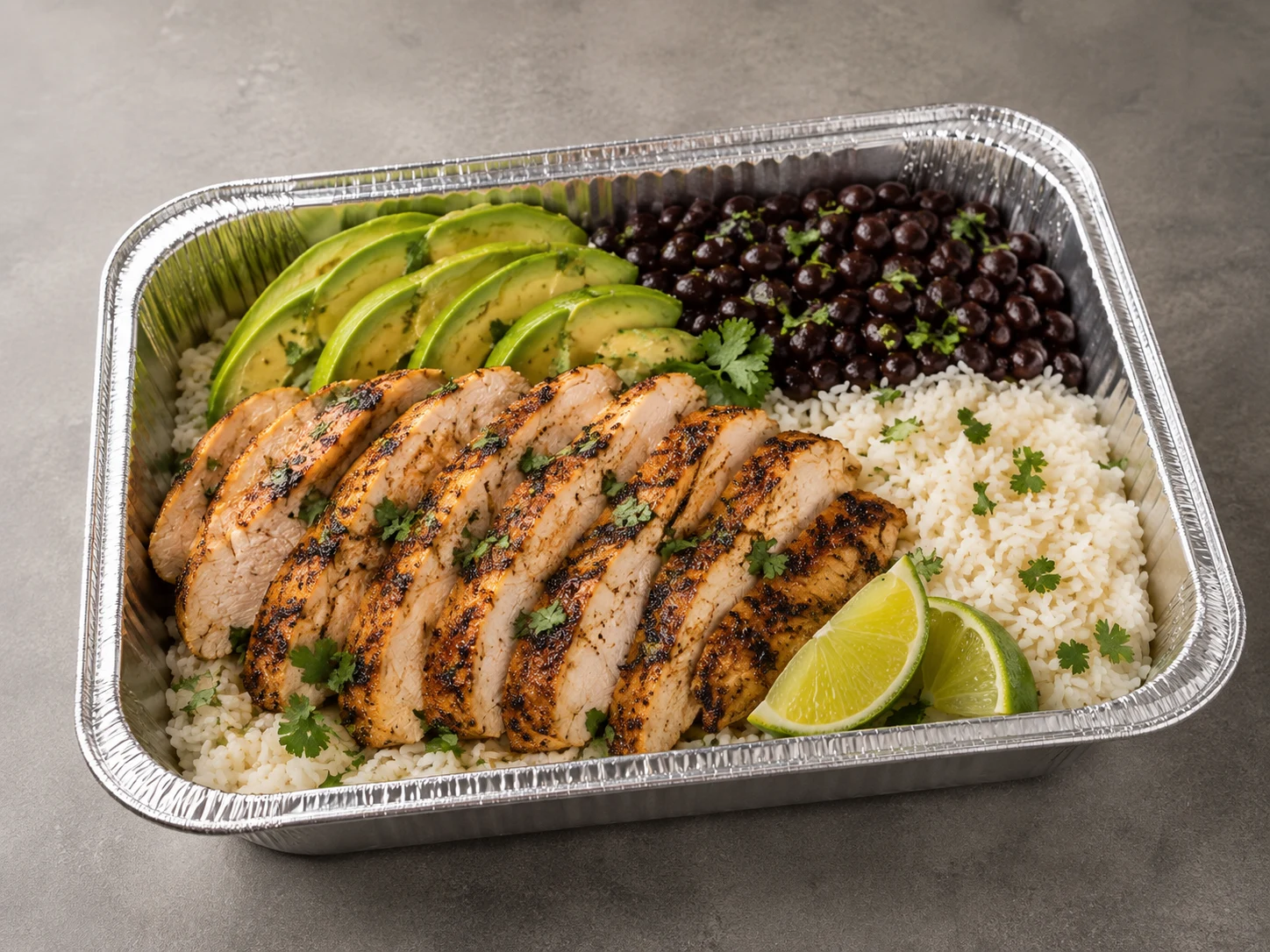 Cilantro Lime Chicken Family Bundle with grilled chicken, white rice, black beans, avocado and lime in an aluminum tray