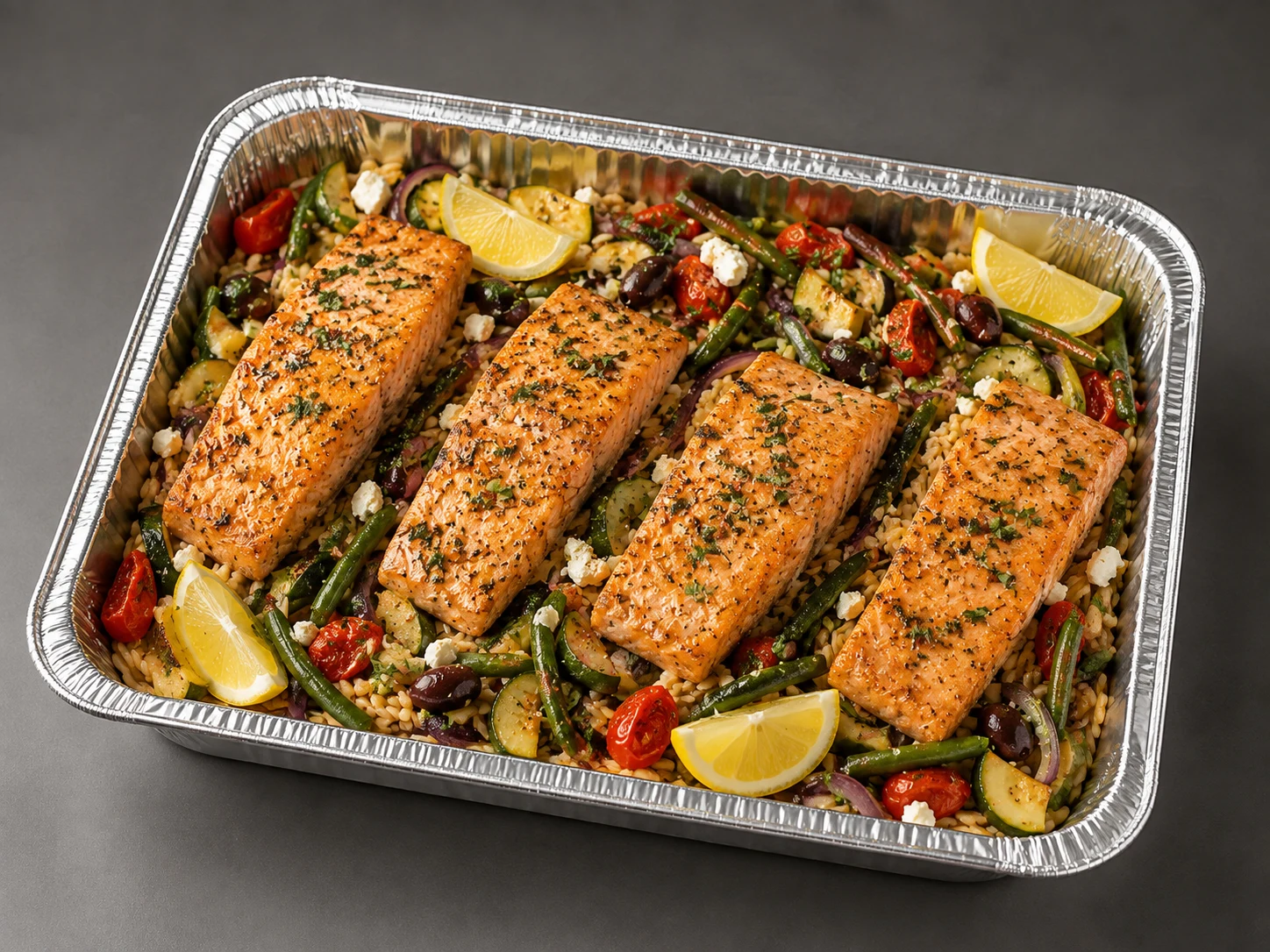 Mediterranean Salmon Family Bundle with herb-roasted salmon, lemon couscous, cucumber-tomato salad and tahini in an aluminum family tray