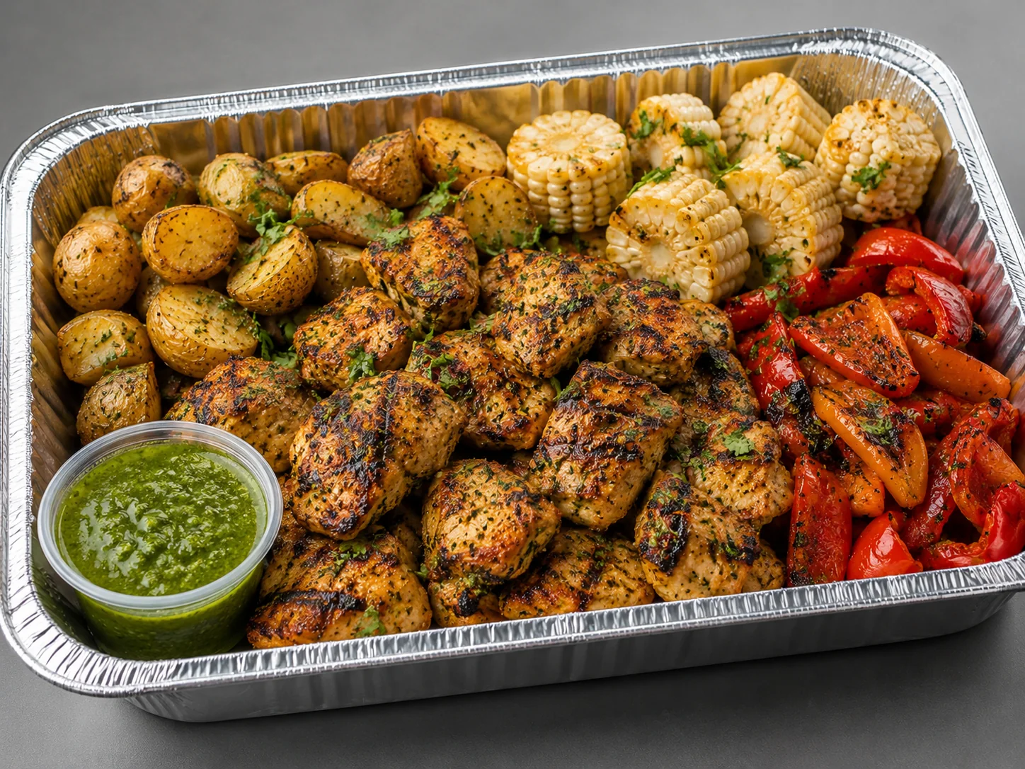 Peruvian Chicken Anticuchos Family Bundle with anticucho-style marinated chicken, roasted potatoes, corn and peppers in an aluminum tray