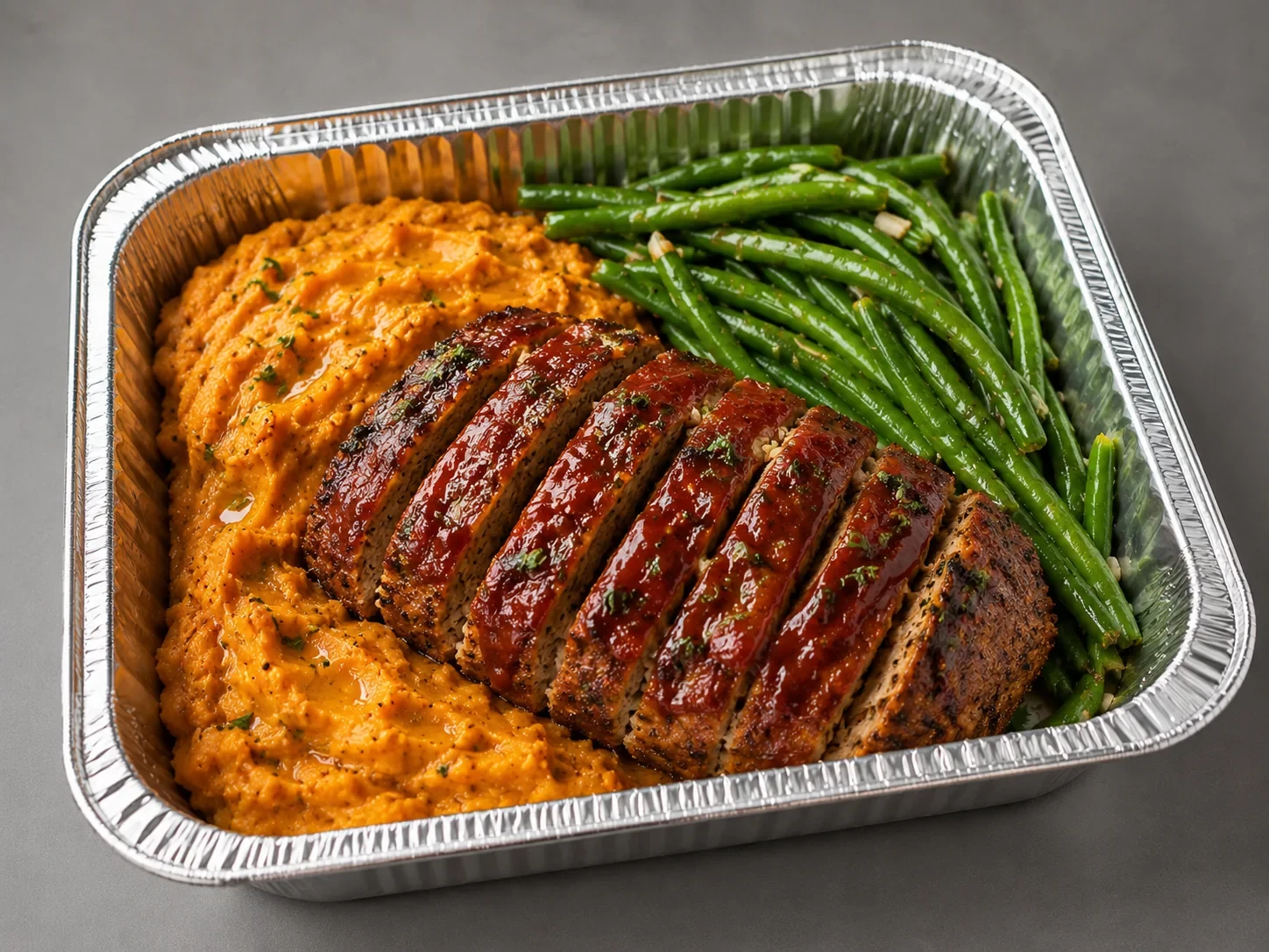 Turkey Meatloaf Family Bundle with sliced glazed turkey meatloaf, mashed sweet potatoes and green beans in an aluminum tray