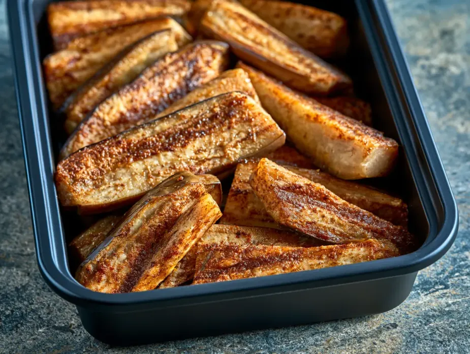 Cast Iron Eggplant Spears sold by the ounce in a black meal-prep container.