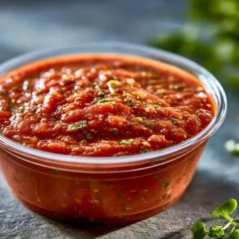 Homemade Marinara sold by the ounce in a black meal-prep container.