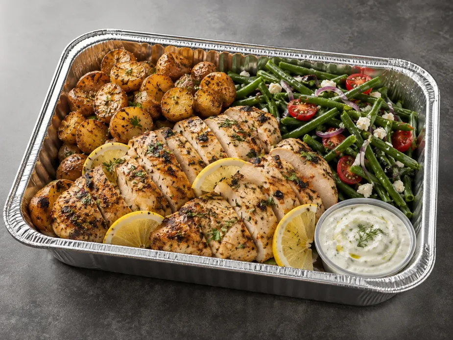 Greek Lemon Chicken Family Bundle with roasted lemon oregano chicken, potatoes and tzatziki in a half-size tray