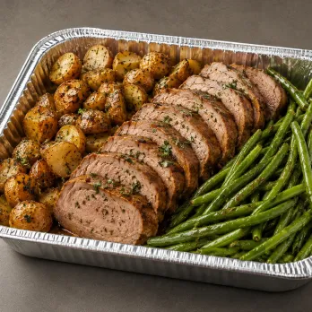 Pork Tenderloin Family Bundle with sliced roasted pork, potatoes and green beans in a half-size aluminum tray