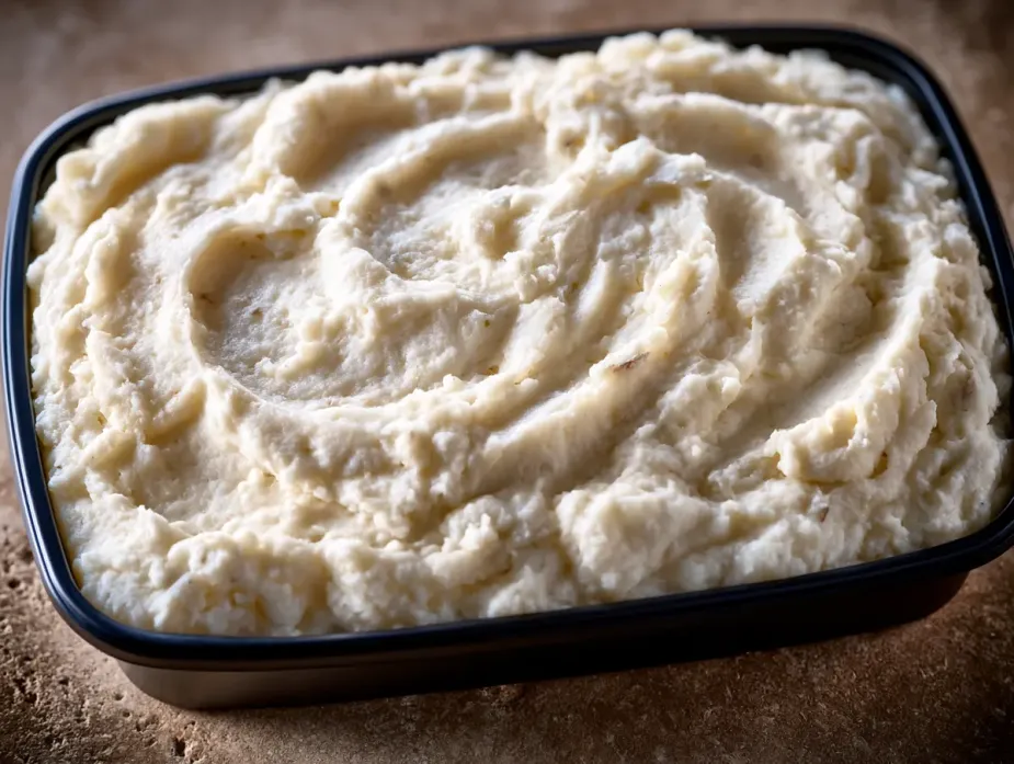 Steakhouse Mashed Potatoes sold by the ounce in a black meal-prep container.
