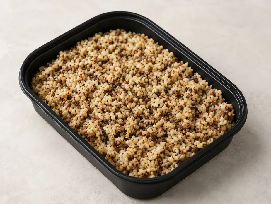 Whole Grain Medley in a black meal-prep container.