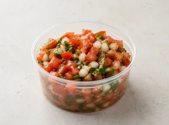 Fresh Pico de Gallo in a clear takeout sauce cup.