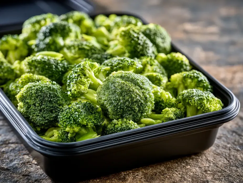 Steamed Broccoli sold by the ounce in a black meal-prep container.