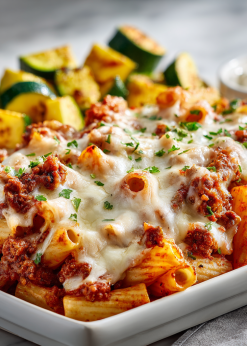 Baked Ziti Family Bundle platter with pasta, beef bolognese, cheese, and roasted zucchini
