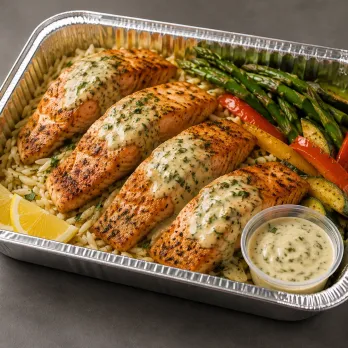 Lemon Herb Salmon Family Bundle in a half-size aluminum tray with roasted salmon, orzo and vegetables