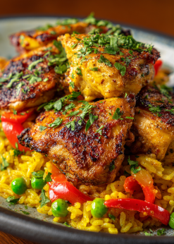 Peruvian Arroz con Pollo Family Bundle platter with cilantro rice, chicken, peppers, and peas – serves 5