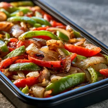 Fajita Vegetables sold by the ounce in a black meal-prep container.