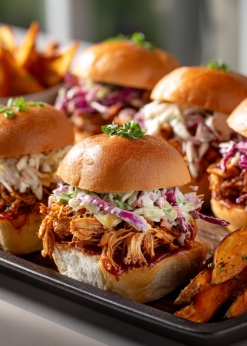 BBQ Pulled Chicken Sliders Family Bundle platter with pulled chicken, buns, coleslaw, and sweet potatoes – serves 5