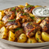 Greek Lemon Chicken Family Bundle platter with roasted chicken thighs, potatoes, and tzatziki – serves 5