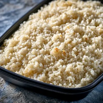 Cauliflower Rice sold by the ounce in a black meal-prep container.