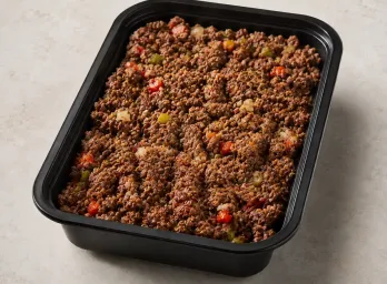 Grass Fed Beef Picadillo in a black meal-prep container.
