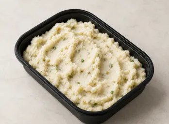 Steakhouse Mashed Potatoes in a black meal-prep container.