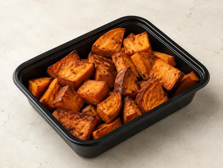 Roasted Sweet Potatoes in a black meal-prep container.