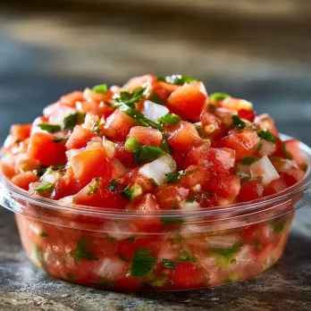 Fresh Pico de Gallo sold by the ounce in a black meal-prep container.