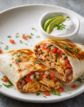 Ancho Chicken Burrito with pico de gallo and avocado crema
