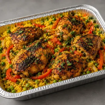 Peruvian Arroz con Pollo Family Bundle with roasted chicken, seasoned rice, peas and peppers in an aluminum tray