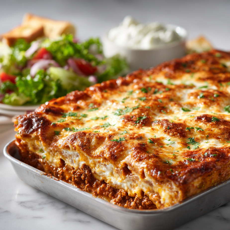 Classic Lasagna Family Bundle platter with baked lasagna and Caesar salad