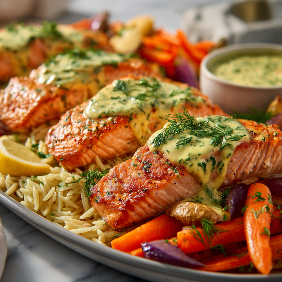 Salmon Lemon Herb Family Bundle platter with roasted salmon fillets, orzo pasta, and roasted vegetables – serves 5