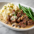 Beef Stroganoff Family Bundle platter with creamy beef, mashed potatoes, and haricot verts – serves 5