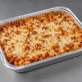 Baked Ziti Family Bundle with Angus beef bolognese and melted cheese in a half-size aluminum tray