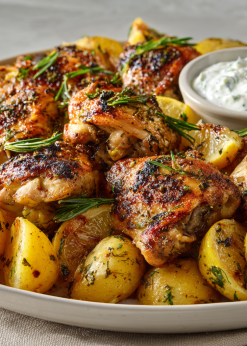 Greek Lemon Chicken Family Bundle platter with roasted chicken thighs, potatoes, and tzatziki – serves 5