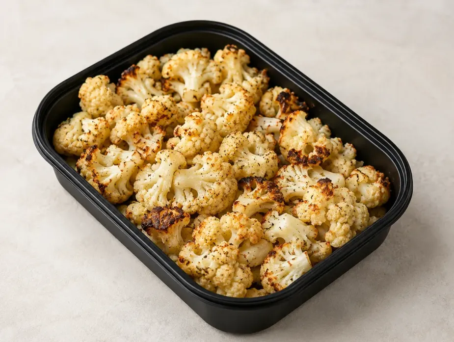 Roasted Cauliflower in a black meal-prep container.