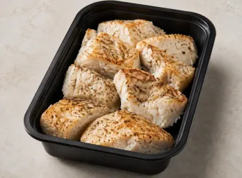 Wild Caught White Fish in a black meal-prep container.