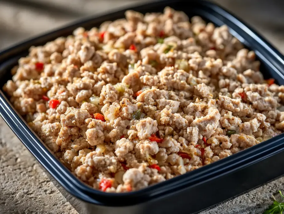 Lean Turkey Picadillo sold by the ounce in a black meal-prep container.