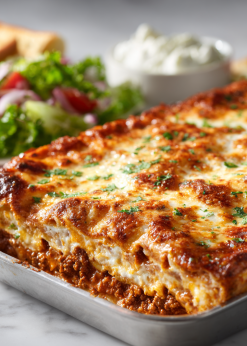 Classic Lasagna Family Bundle platter with baked lasagna and Caesar salad