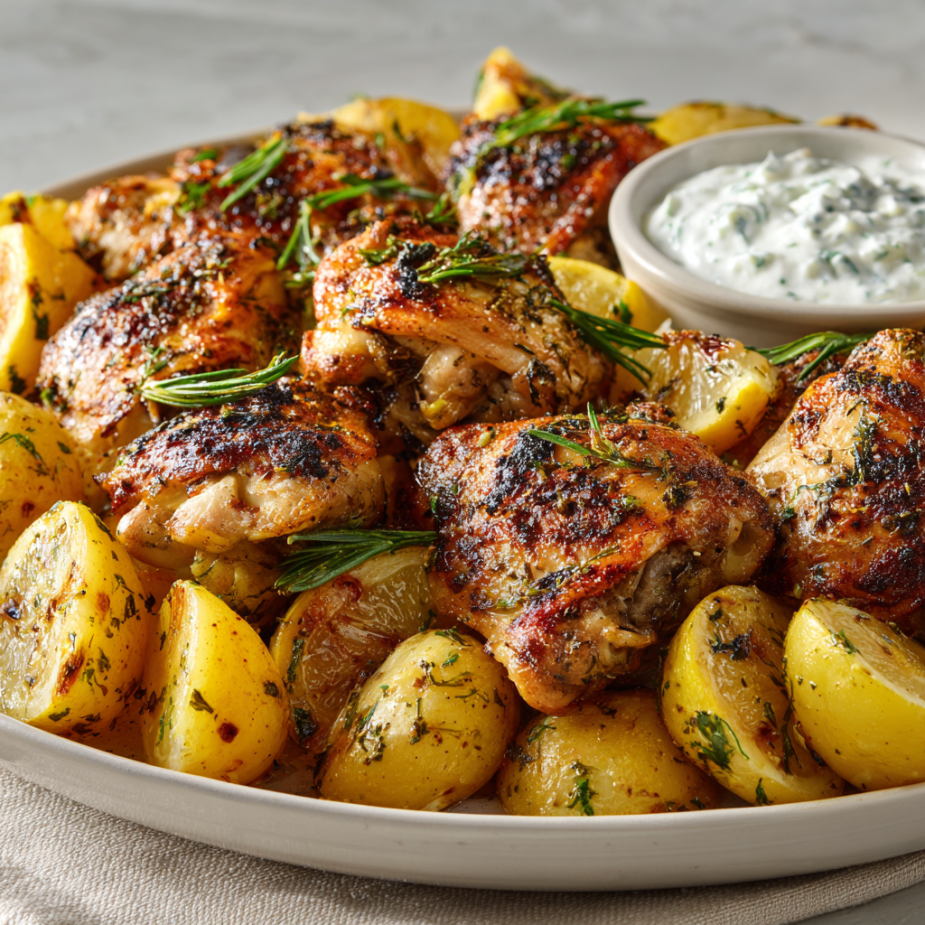 Greek Lemon Chicken Family Bundle platter with roasted chicken thighs, potatoes, and tzatziki – serves 5