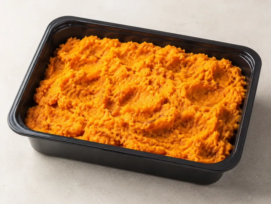 Sweet Potato Mash in a black meal-prep container.