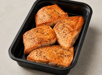 Pan Roasted Salmon in a black meal-prep container.