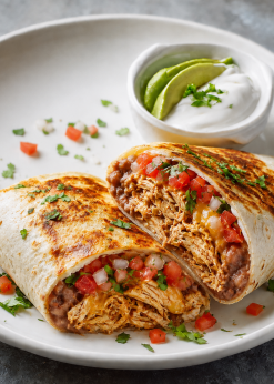 Ancho Chicken Burrito with pico de gallo and avocado crema