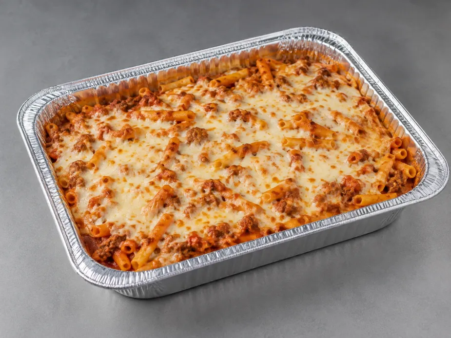 Baked Ziti Family Bundle with Angus beef bolognese and melted cheese in a half-size aluminum tray