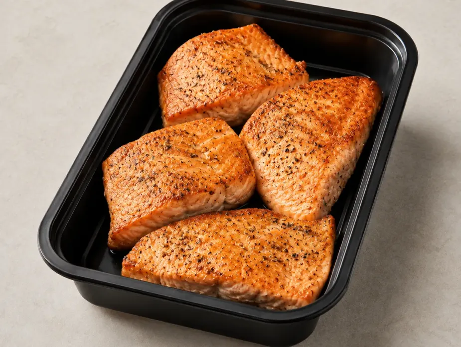 Pan Roasted Salmon in a black meal-prep container.