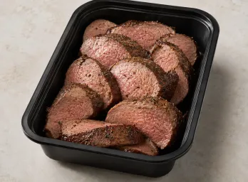 Lean Beef Tenderloin in a black meal-prep container.