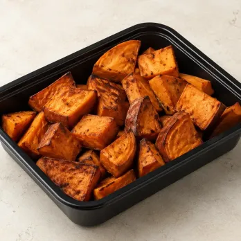 Roasted Sweet Potatoes in a black meal-prep container.