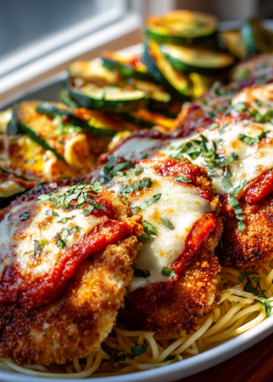 Crispy chicken parmesan with noodles and roasted zucchini.