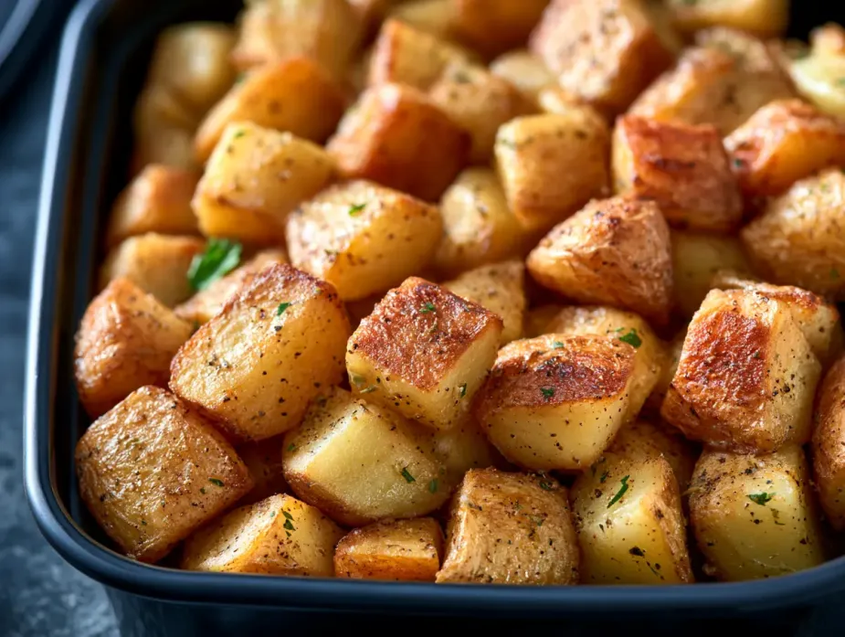 Roasted Yellow Potatoes sold by the ounce in a black meal-prep container.