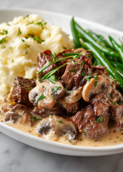 Beef Stroganoff Family Bundle platter with creamy beef, mashed potatoes, and haricot verts – serves 5