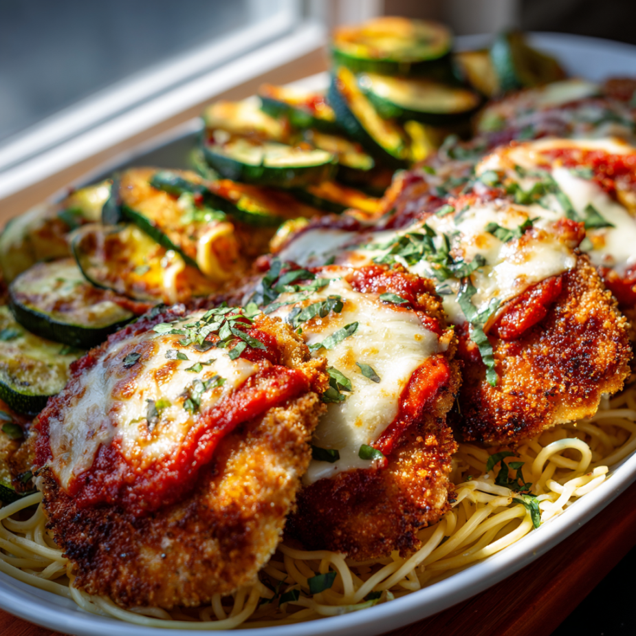 Crispy chicken parmesan with noodles and roasted zucchini.