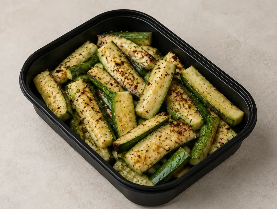 Grilled Zucchini Spears in a black meal-prep container.