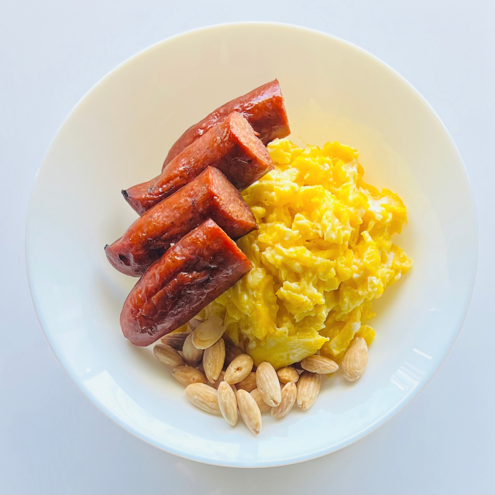 Scrambled eggs, Kielbasa and walnuts